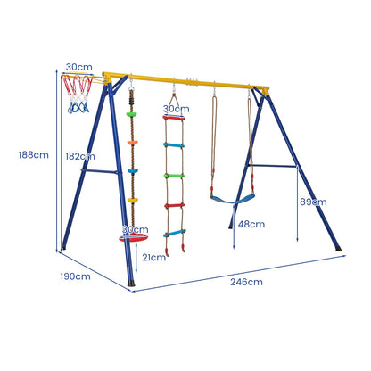 4-in-1 Heavy Duty Swing Set with 1 Basketball Hoop and 1 Adjustable Belt Swing-Blue &amp; Yellow
