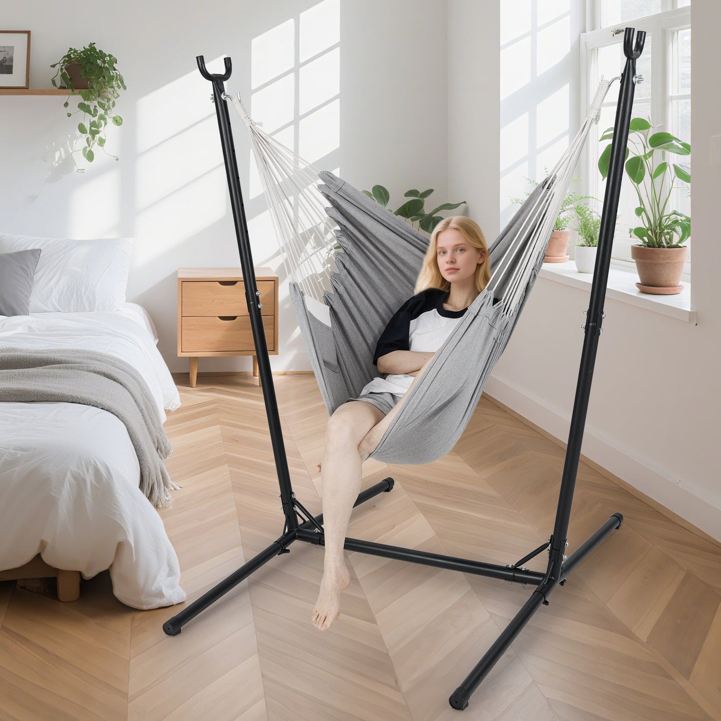 Heavy Duty and Height Adjustable Hammock Chair Side Pocket-Light Grey