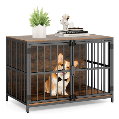 Heavy-duty Dog Crate Furniture with Dual Lockable Double Doors-Rustic Brown