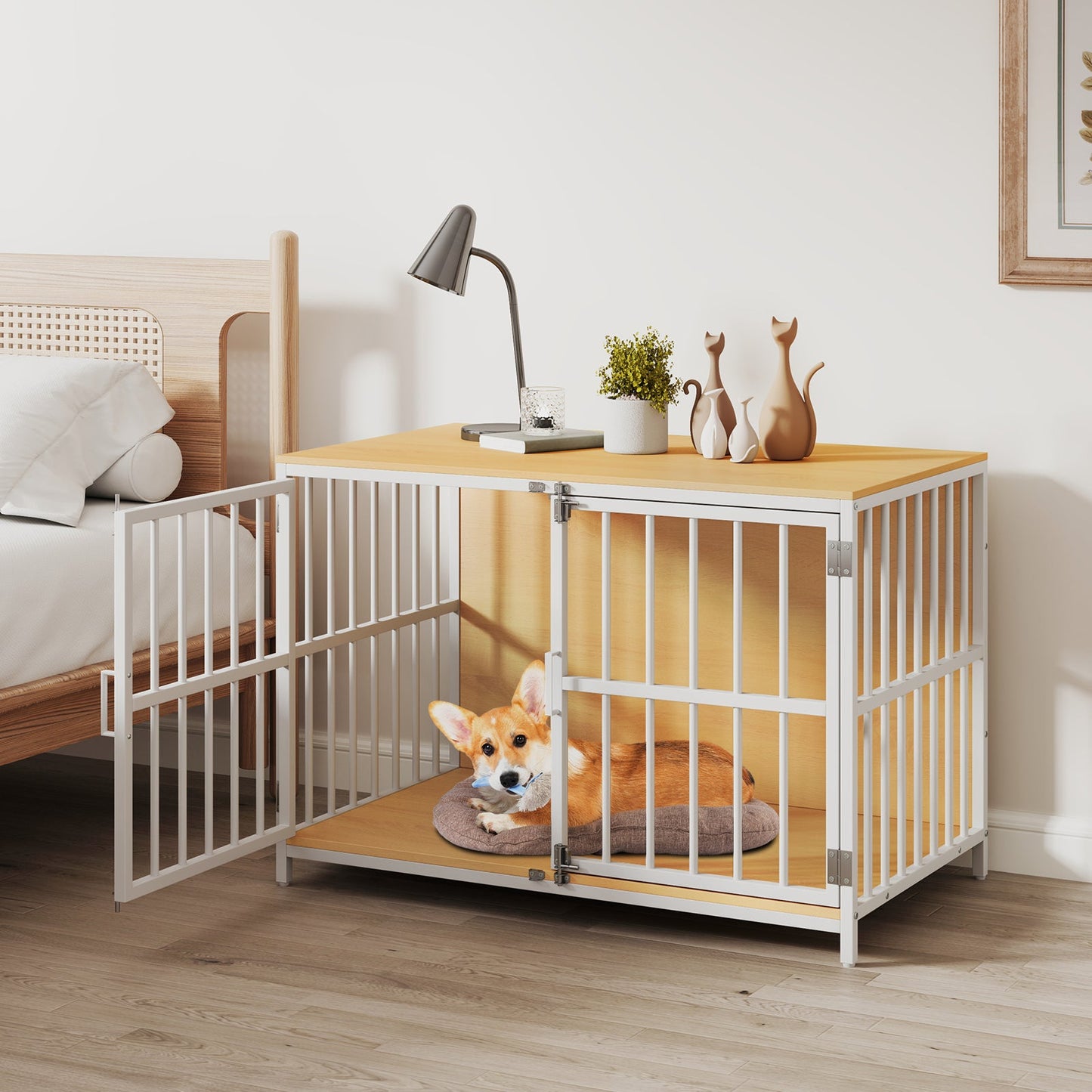 Heavy-duty Dog Crate Furniture with Dual Lockable Double Doors-Natural