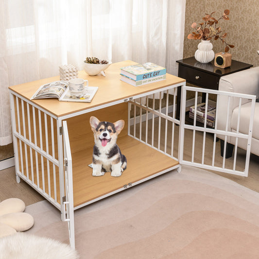 Heavy-duty Dog Crate Furniture with Dual Lockable Double Doors-Natural