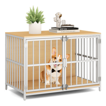 Heavy-duty Dog Crate Furniture with Dual Lockable Double Doors-Natural