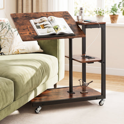 Height Adjustable C Table with Charging Station & Tiltable Top and Wheels-Rustic Brown