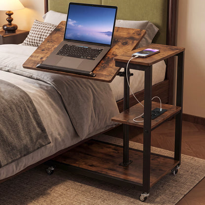 Height Adjustable C Table with Charging Station & Tiltable Top and Wheels-Rustic Brown
