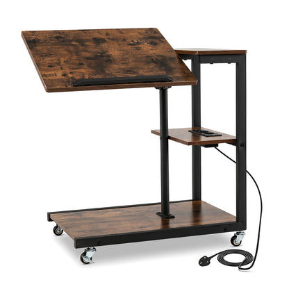 Height Adjustable C Table with Charging Station & Tiltable Top and Wheels-Rustic Brown
