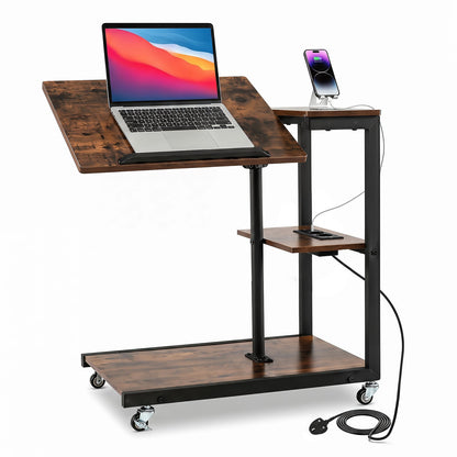 Height Adjustable C Table with Charging Station & Tiltable Top and Wheels-Rustic Brown