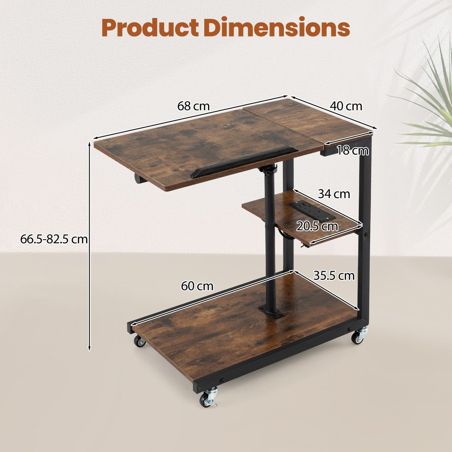 Height Adjustable C Table with Charging Station & Tiltable Top and Wheels-Rustic Brown