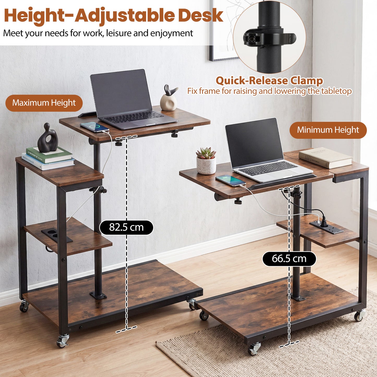 Height Adjustable C Table with Charging Station & Tiltable Top and Wheels-Rustic Brown