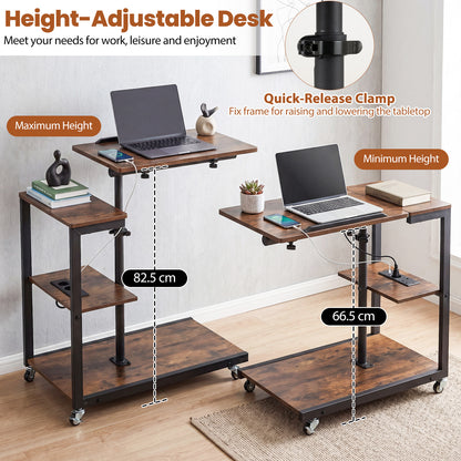Height Adjustable C Table with Charging Station & Tiltable Top and Wheels-Rustic Brown