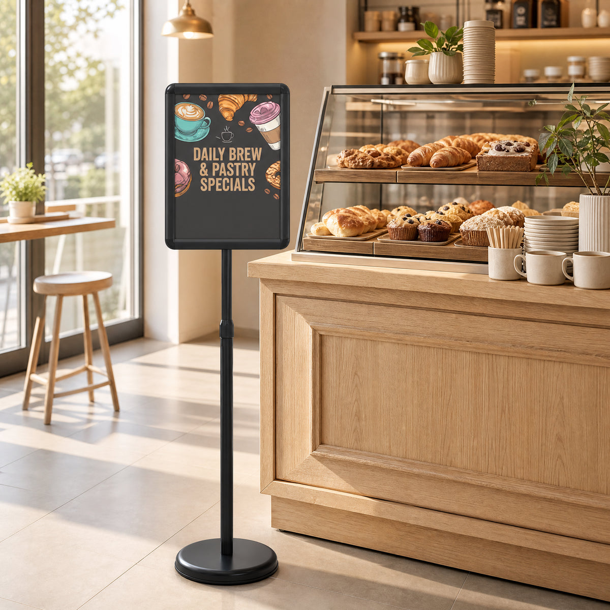 Height Adjustable Floor Standing Poster Stand with Snap-Open Frame and 360° Rotation-Black
