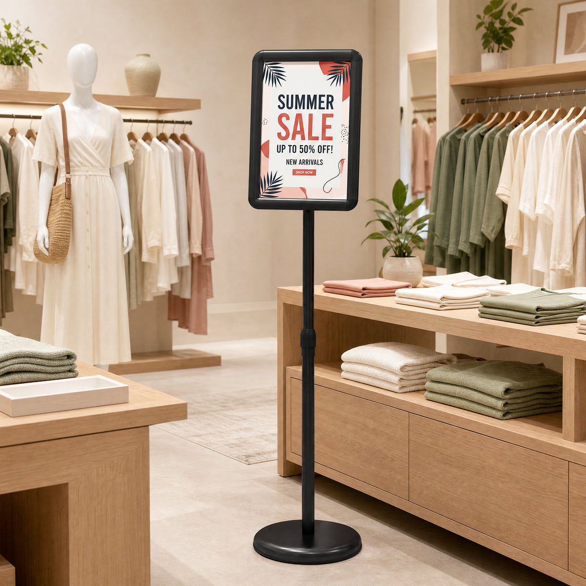 Height Adjustable Floor Standing Poster Stand with Snap-Open Frame and 360° Rotation-Black