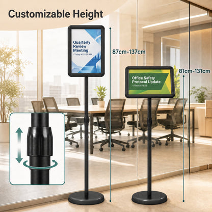 Height Adjustable Floor Standing Poster Stand with Snap-Open Frame and 360° Rotation-Black