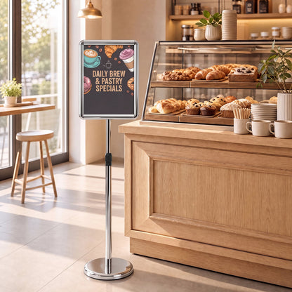Height Adjustable Floor Standing Poster Stand with Snap-Open Frame and 360° Rotation-Silver