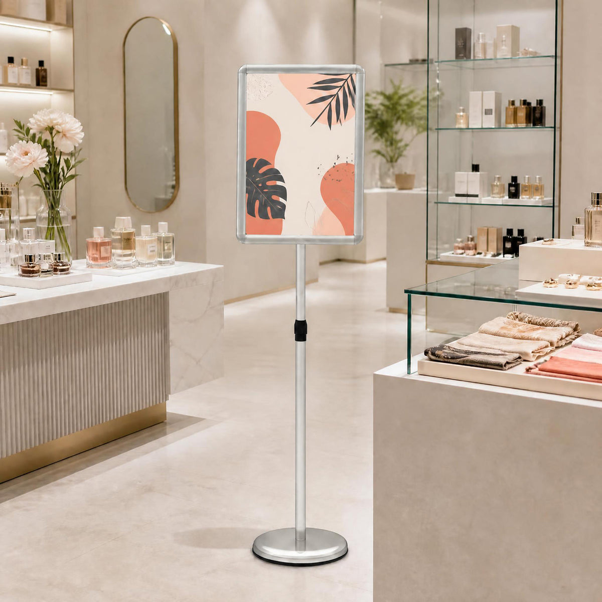 Height Adjustable Floor Standing Poster Stand with Snap-Open Frame and 360° Rotation-Silver