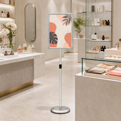 Height Adjustable Floor Standing Poster Stand with Snap-Open Frame and 360° Rotation-Silver