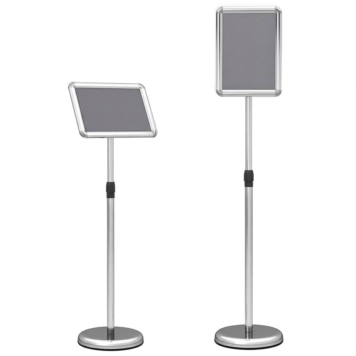 Height Adjustable Floor Standing Poster Stand with Snap-Open Frame and 360° Rotation-Silver