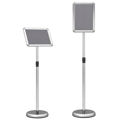 Height Adjustable Floor Standing Poster Stand with Snap-Open Frame and 360° Rotation-Silver