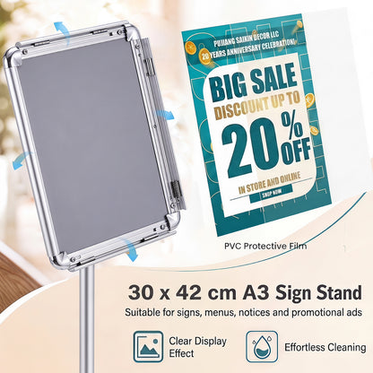 Height Adjustable Floor Standing Poster Stand with Snap-Open Frame and 360° Rotation-Silver