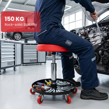 Height Adjustable Mechanic Stool with Wheels and Storage for Garage-Red