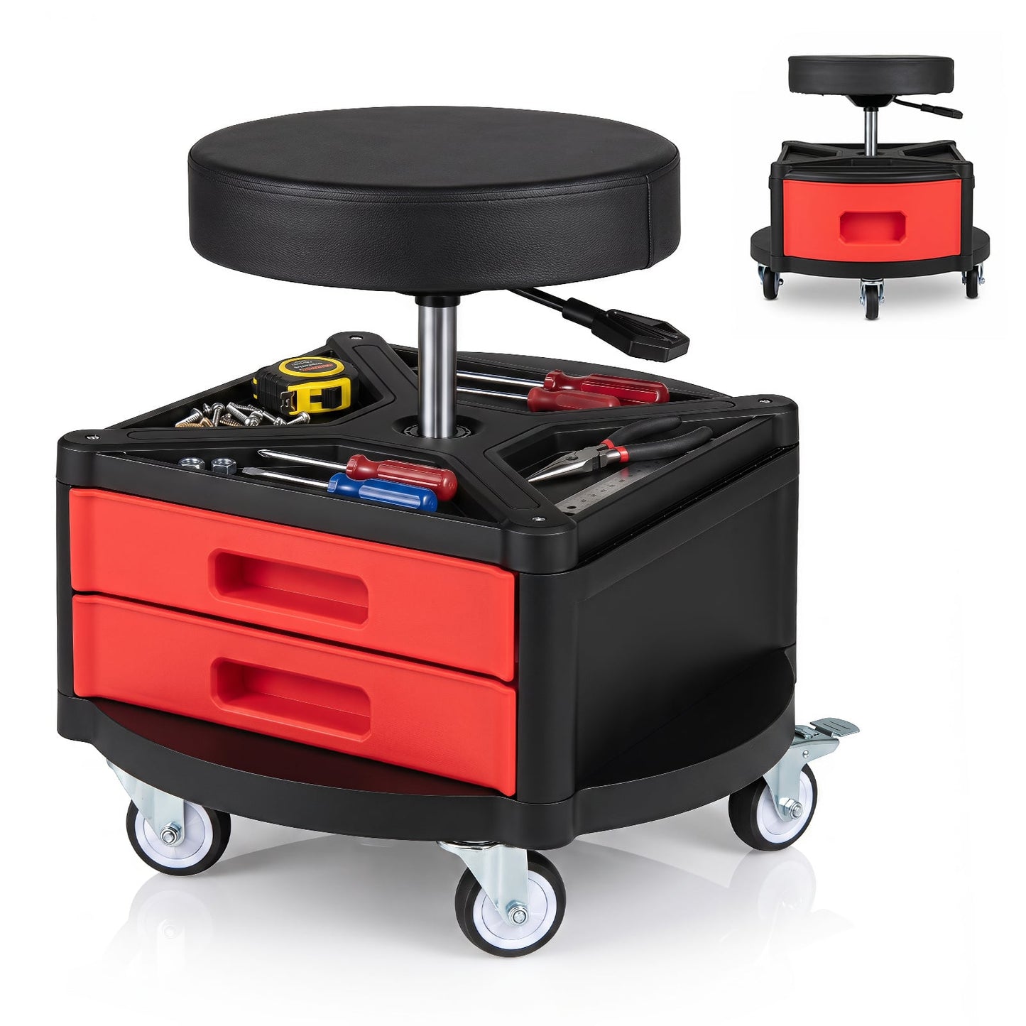 Height-Adjustable Rolling Mechanic Stool with Cushioned Seat Tool Tray for Repair Shop-Red