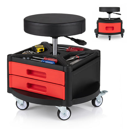 Height-Adjustable Rolling Mechanic Stool with Cushioned Seat Tool Tray for Repair Shop-Red