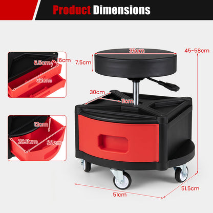 Height-Adjustable Rolling Mechanic Stool with Cushioned Seat Tool Tray for Repair Shop-Red