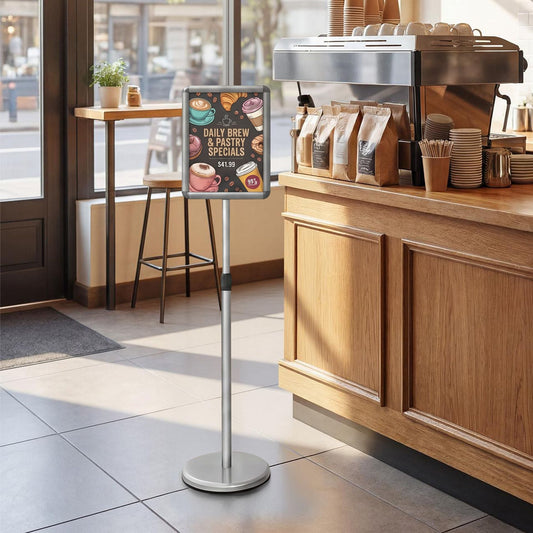 Height Adjustable Sign Holder Stand with Snap-Open Frame-Silver