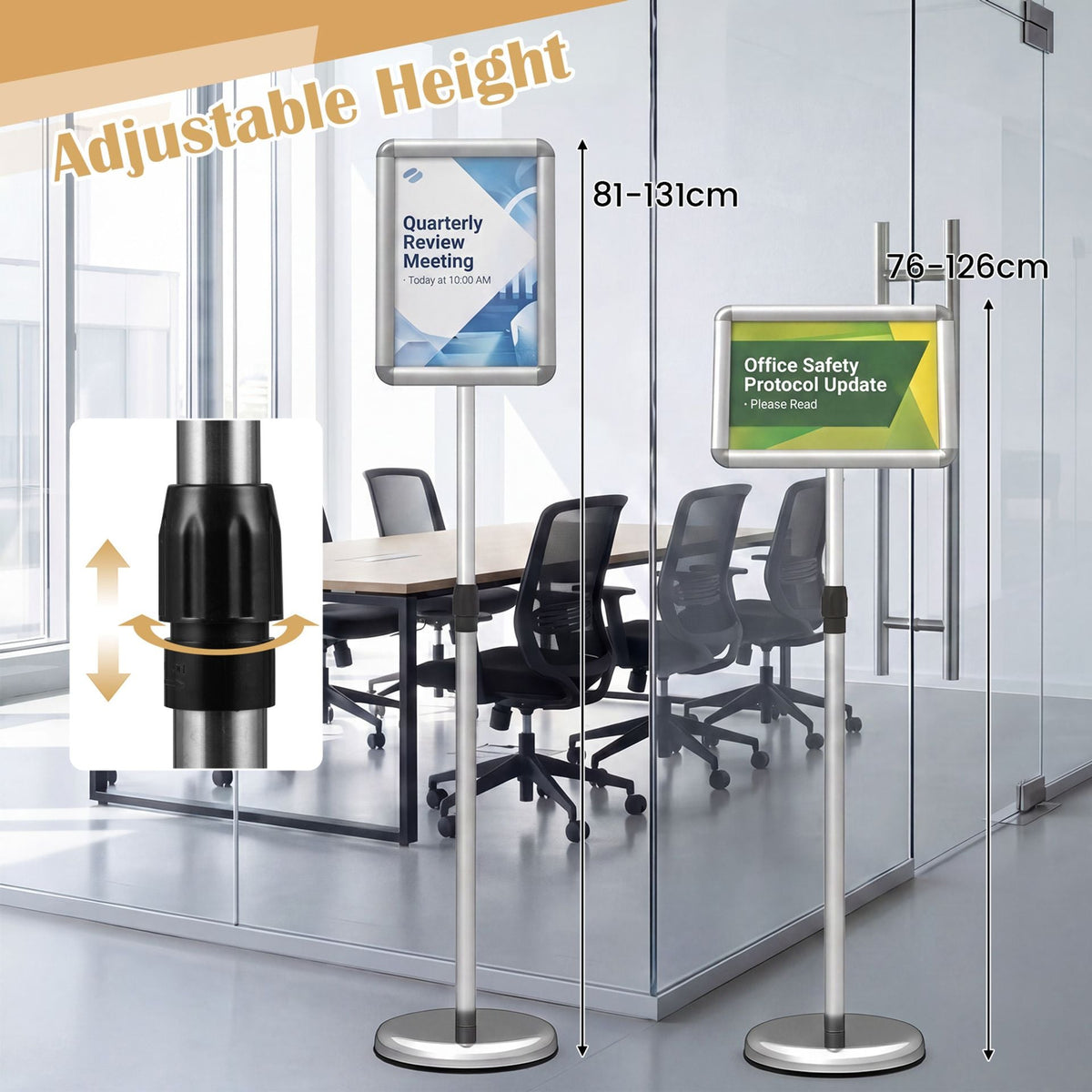 Height Adjustable Sign Holder Stand with Snap-Open Frame-Silver