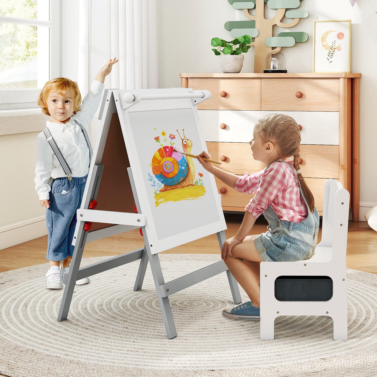 Height-adjustable Painting Easel with Chalkboard and Paper Holder-White