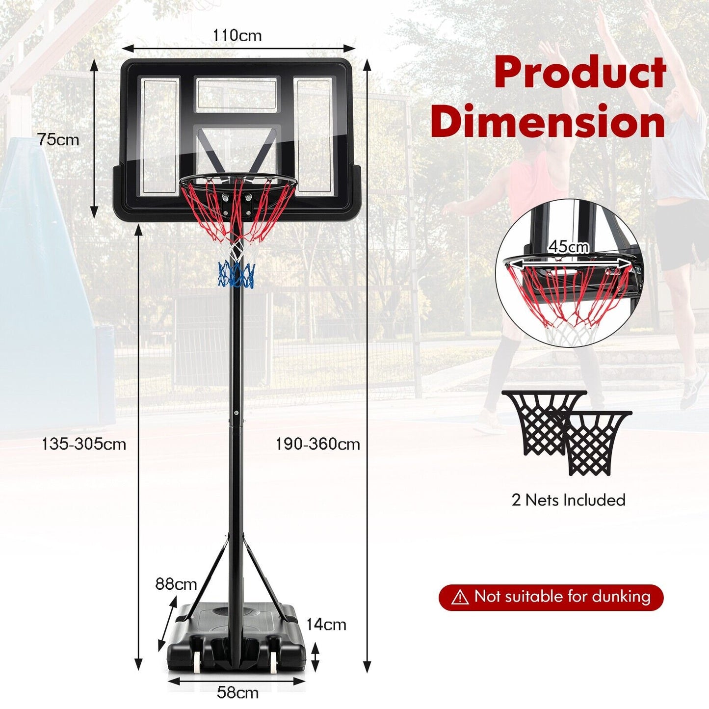 Height Adjustable Basketball Hoop System with Wheels and Backboard