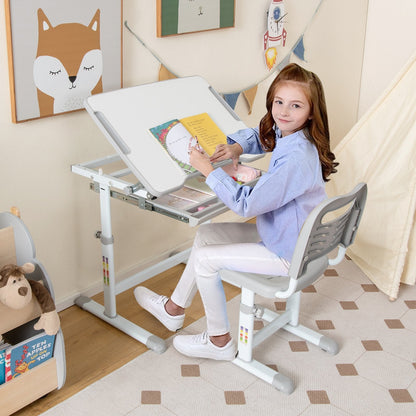 Height Adjustable Kids Study Table and Chair Set with Tilting Tabletop-Grey