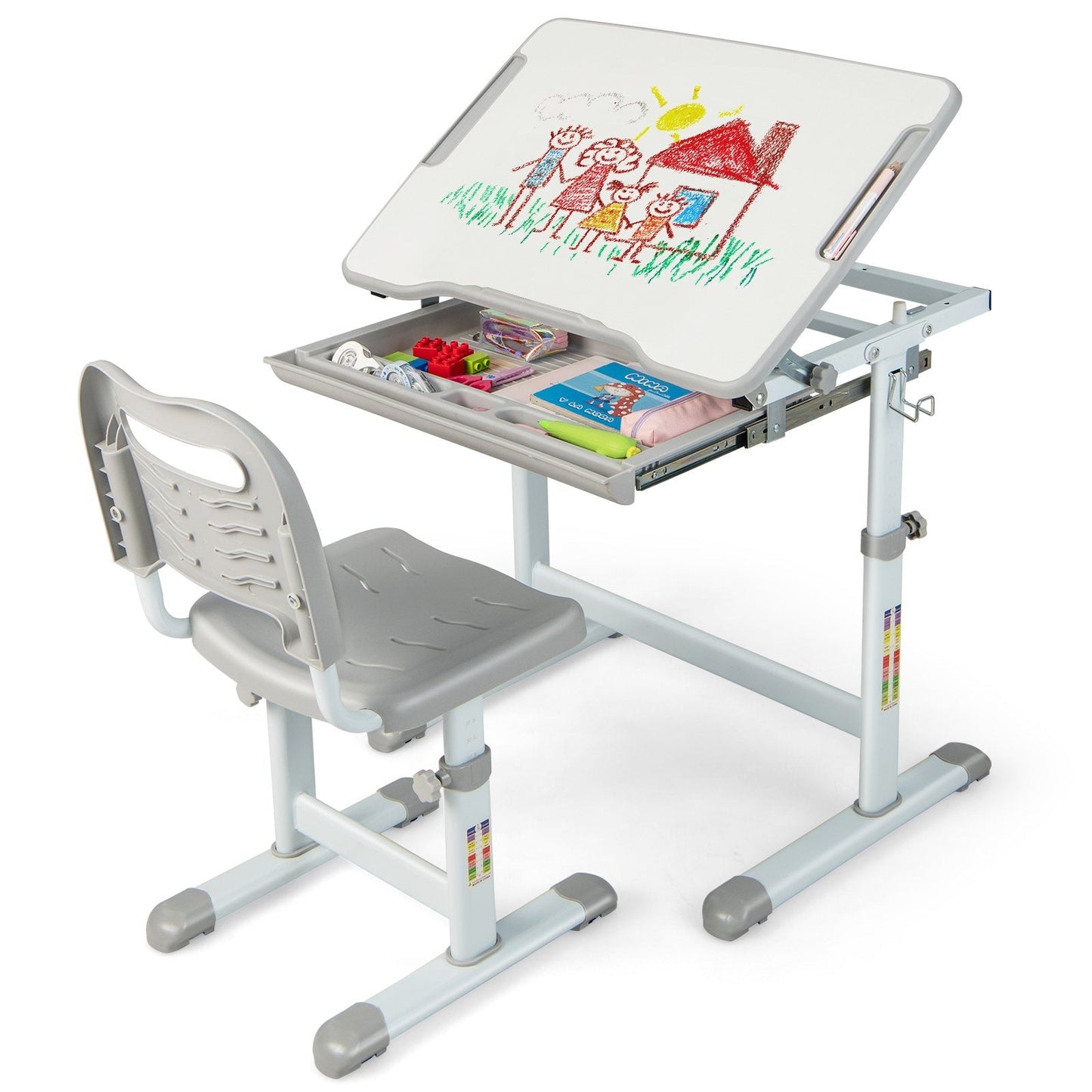 Height Adjustable Kids Study Table and Chair Set with Tilting Tabletop-Grey