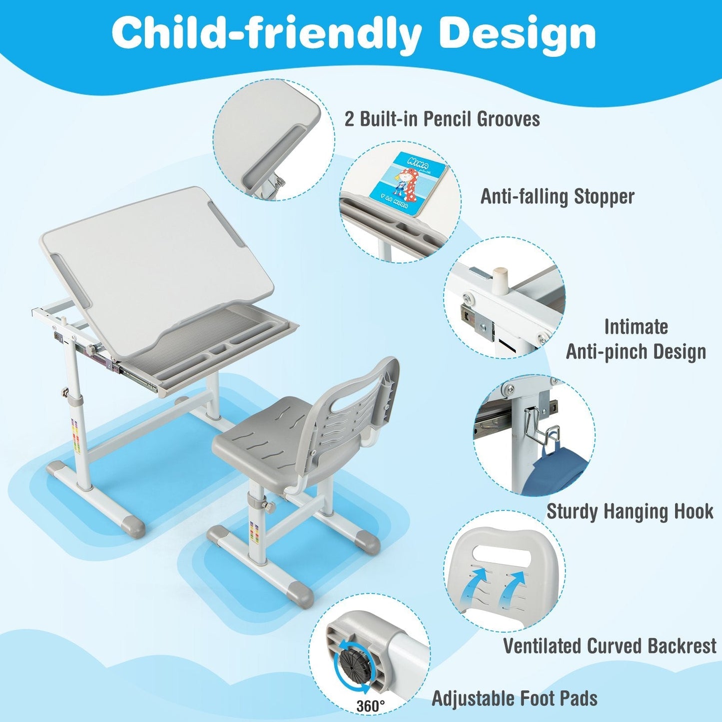 Height Adjustable Kids Study Table and Chair Set with Tilting Tabletop-Grey