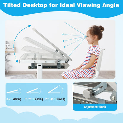 Height Adjustable Kids Study Table and Chair Set with Tilting Tabletop-Grey