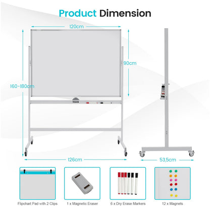 Height Adjustable Magnetic Double Sided Whiteboard with Wheels-White