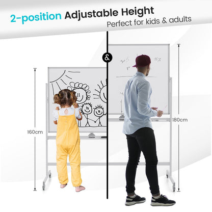 Height Adjustable Magnetic Double Sided Whiteboard with Wheels-White
