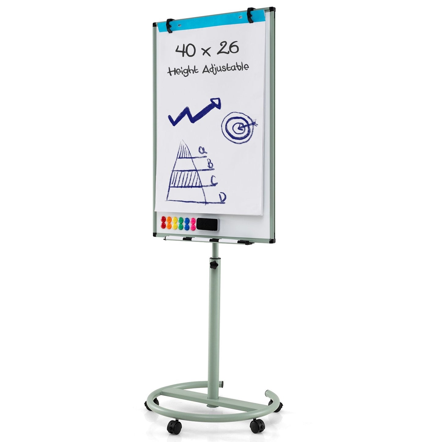 100 cm x 65 cm Height-Adjustable Magnetic Whiteboard on Wheels-Green
