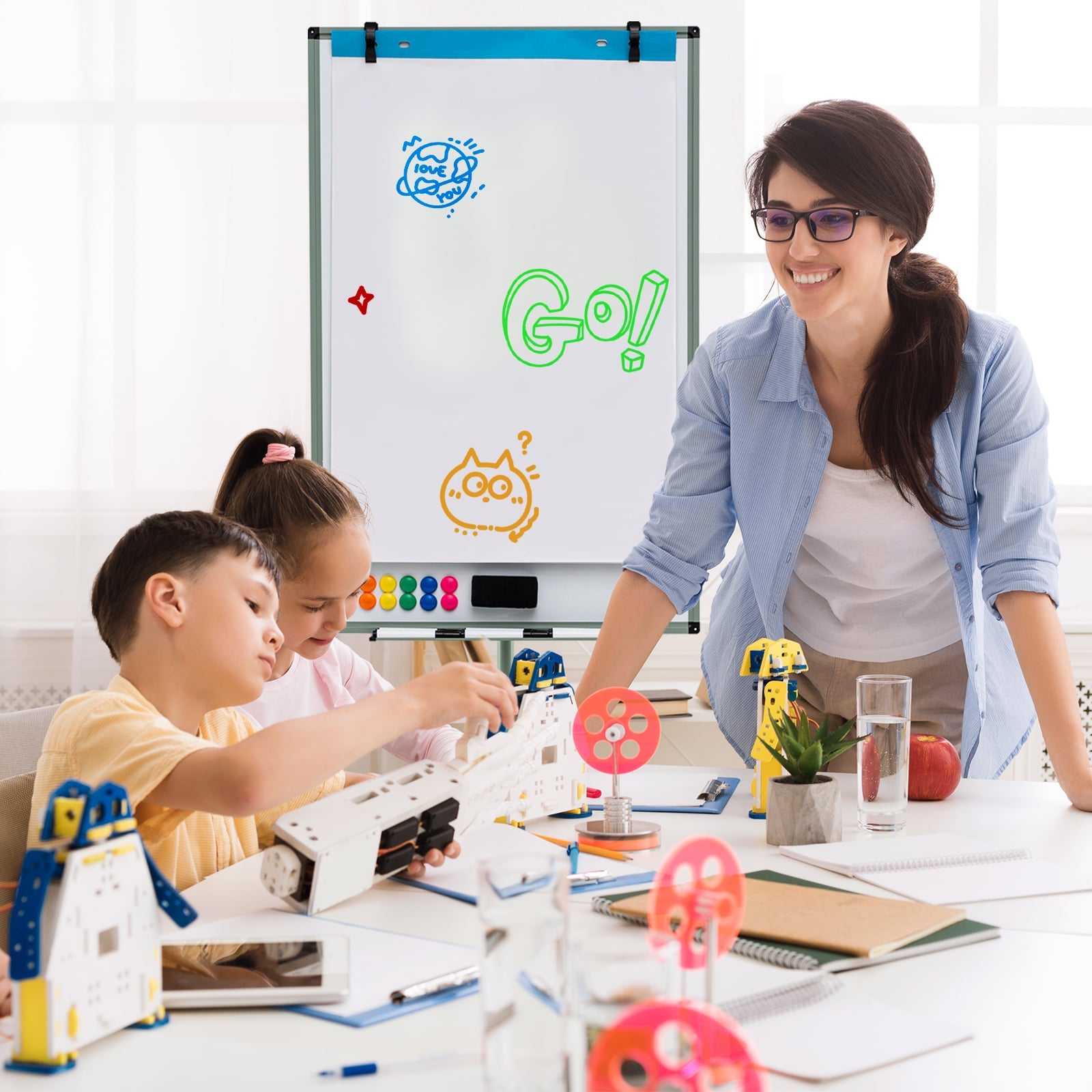 100 cm x 65 cm Height-Adjustable Magnetic Whiteboard on Wheels-Green