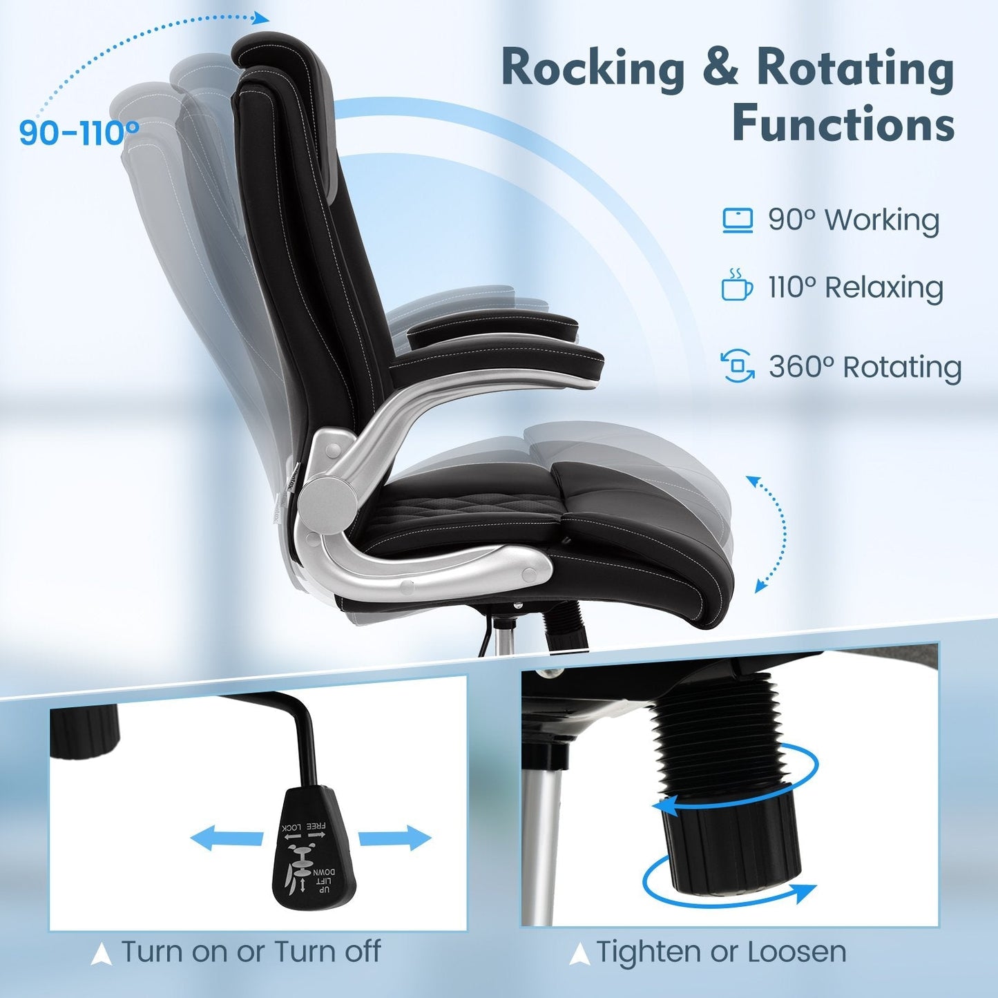 Height Adjustable PU Leather Office Chair with 6-level Headrest-Black