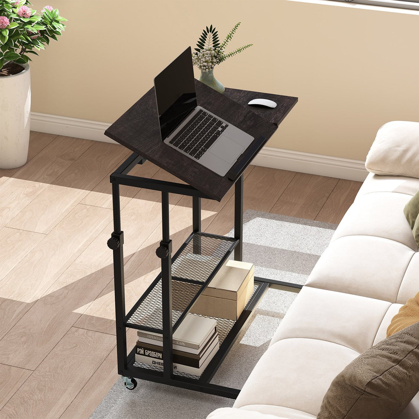 Mobile Stand up Height Adjustable Sit Stand Desk with Tilting Tabletop-Oak