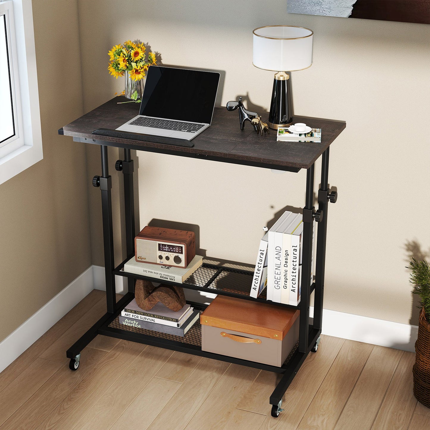 Mobile Stand up Height Adjustable Sit Stand Desk with Tilting Tabletop-Oak