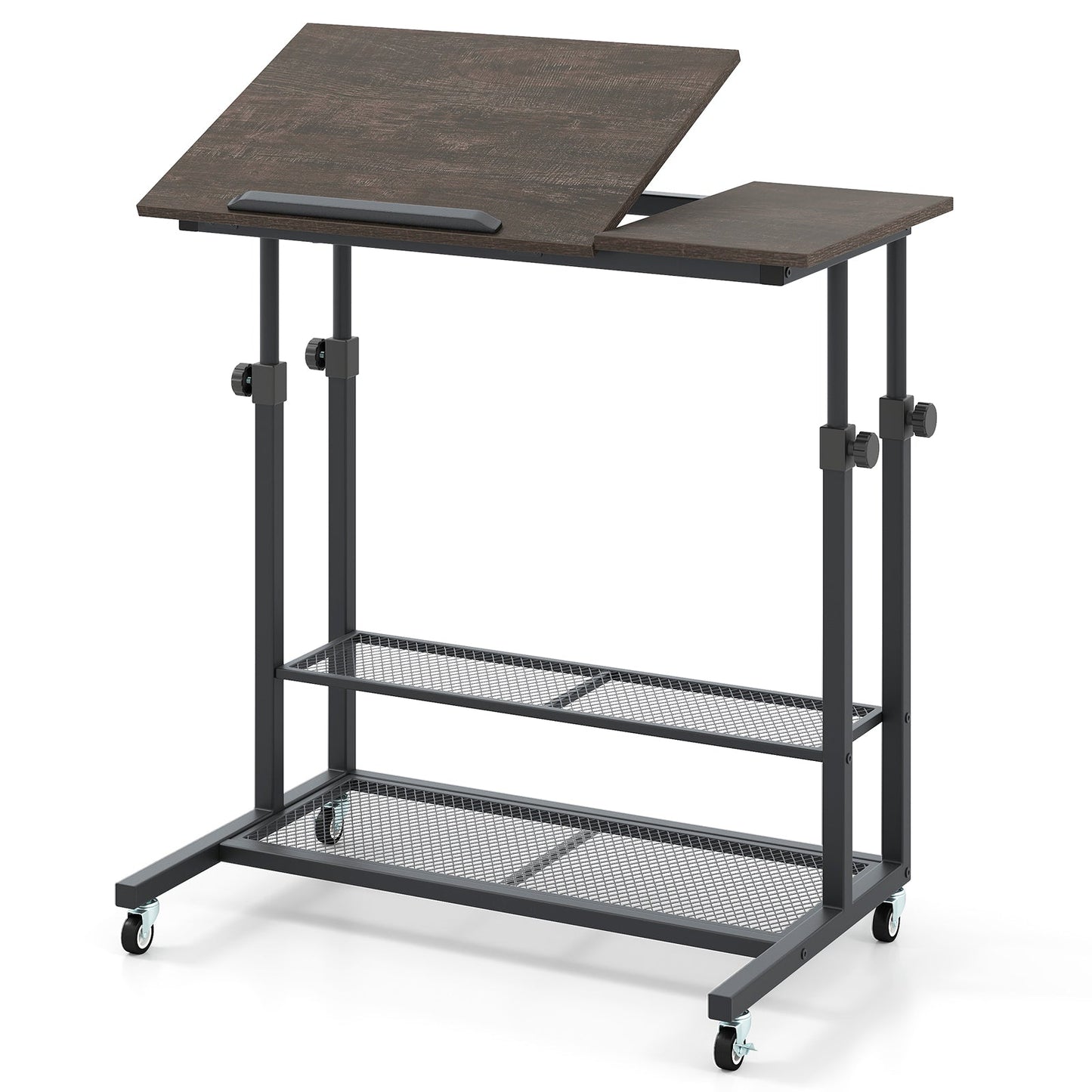 Mobile Stand up Height Adjustable Sit Stand Desk with Tilting Tabletop-Oak