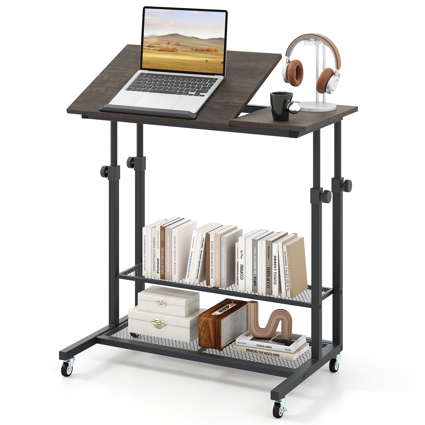 Mobile Stand up Height Adjustable Sit Stand Desk with Tilting Tabletop-Oak