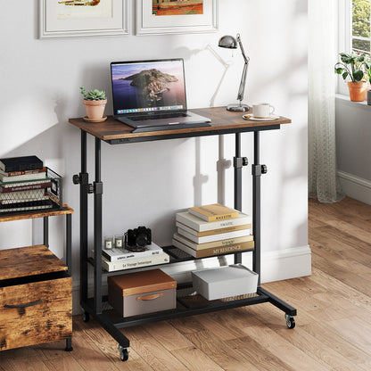 Mobile Stand up Height Adjustable Sit Stand Desk with Tilting Tabletop-Rustic Brown