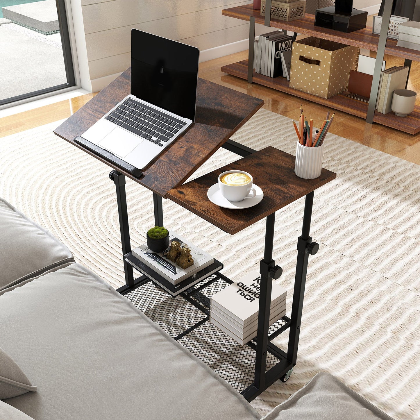 Mobile Stand up Height Adjustable Sit Stand Desk with Tilting Tabletop-Rustic Brown