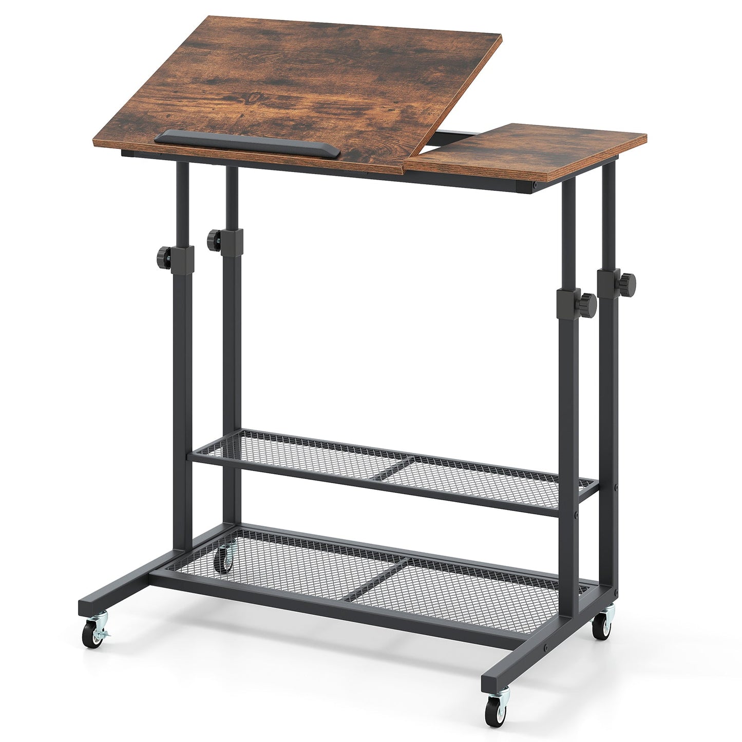 Mobile Stand up Height Adjustable Sit Stand Desk with Tilting Tabletop-Rustic Brown