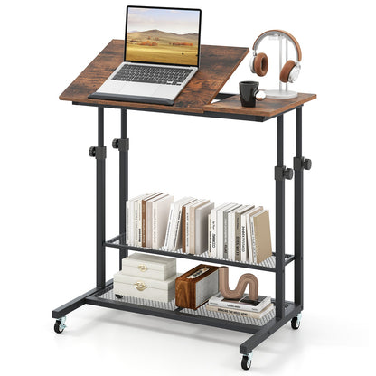 Mobile Stand up Height Adjustable Sit Stand Desk with Tilting Tabletop-Rustic Brown