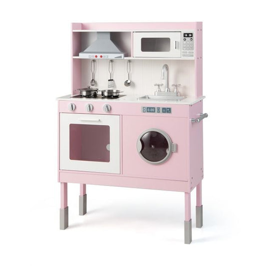 Adjustable Wooden Kids Play Kitchen with Washing Machine-Pink