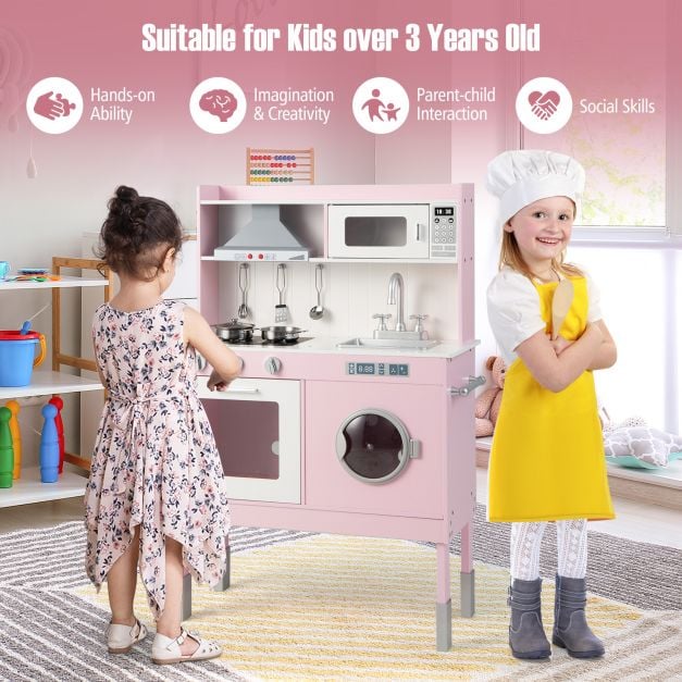 Adjustable Wooden Kids Play Kitchen with Washing Machine-Pink