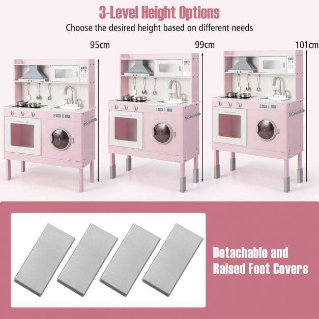 Adjustable Wooden Kids Play Kitchen with Washing Machine-Pink